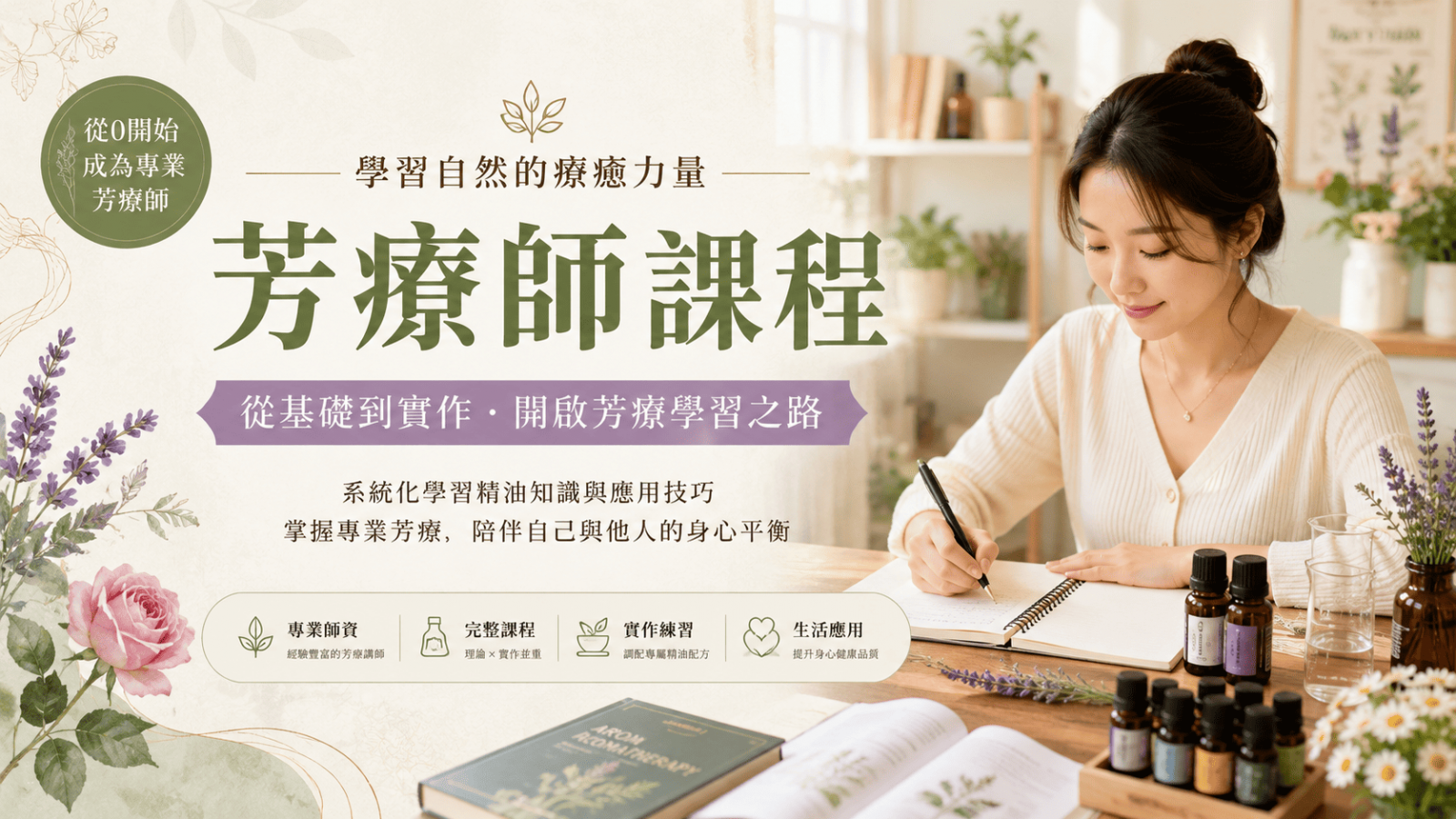 想學習芳香療法，除了認識精油香氣，更需要了解精油安全、植物來源、調油方式、基礎生理解剖、個案紀錄與實際應用。